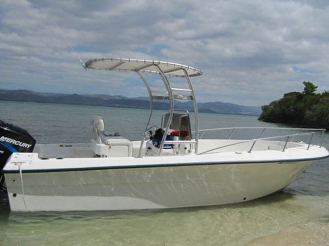 Angler 204 center console boat with universal ttop by Stryker T-Tops installed