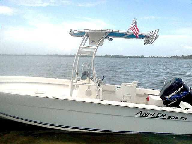 Angler center console boat with universal ttop by Stryker T-Tops installed