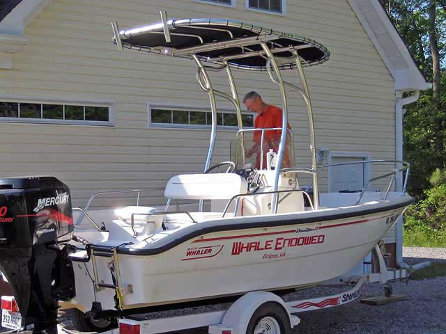 2000 Boston Whaler Dauntless 16 center console boat with universal ttop by Stryker T-Tops installed