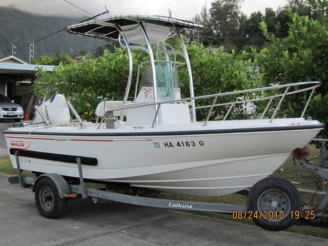 1998 17' Whaler Outrage center console boat with universal ttop by Stryker T-Tops installed